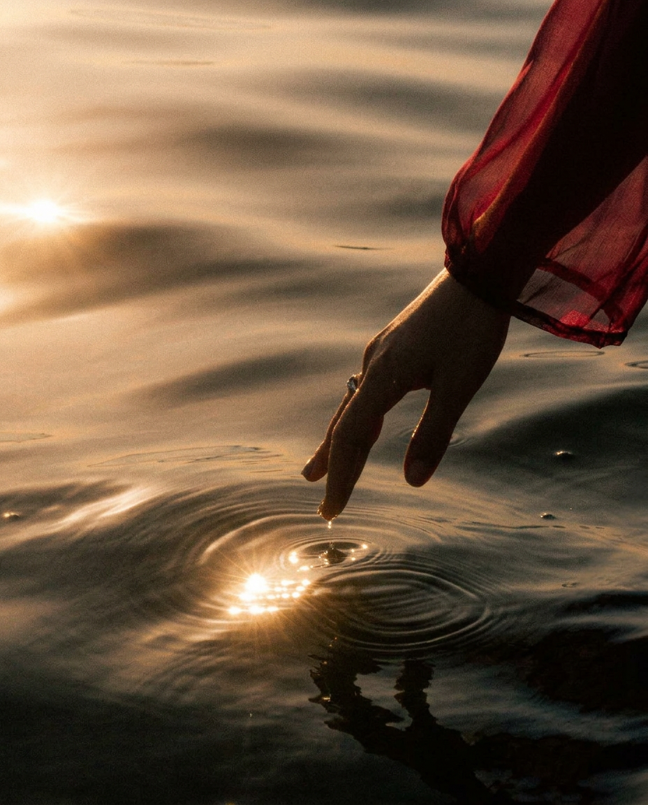 A hand in a red sleeve touching sunlit water at golden hour