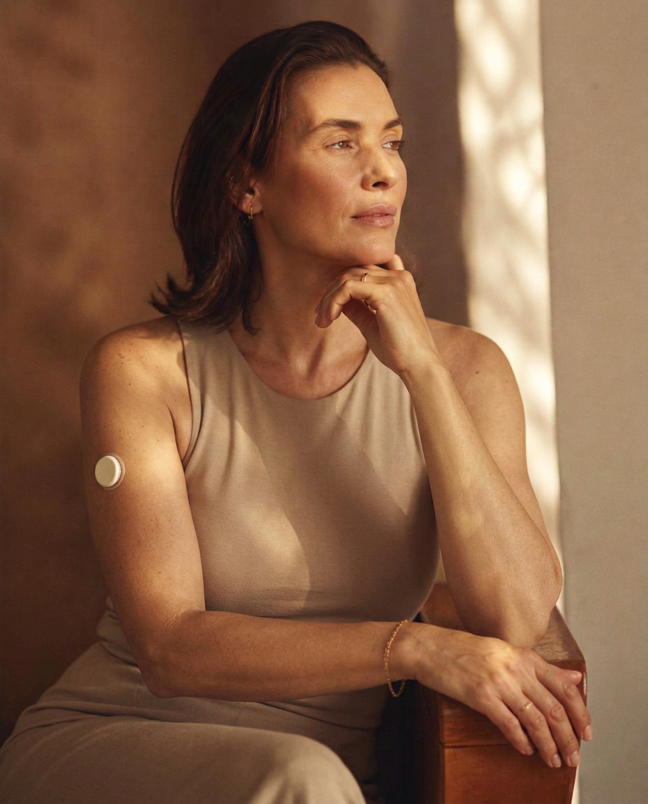 A woman in warm window light wearing a small round sensor on her upper arm
