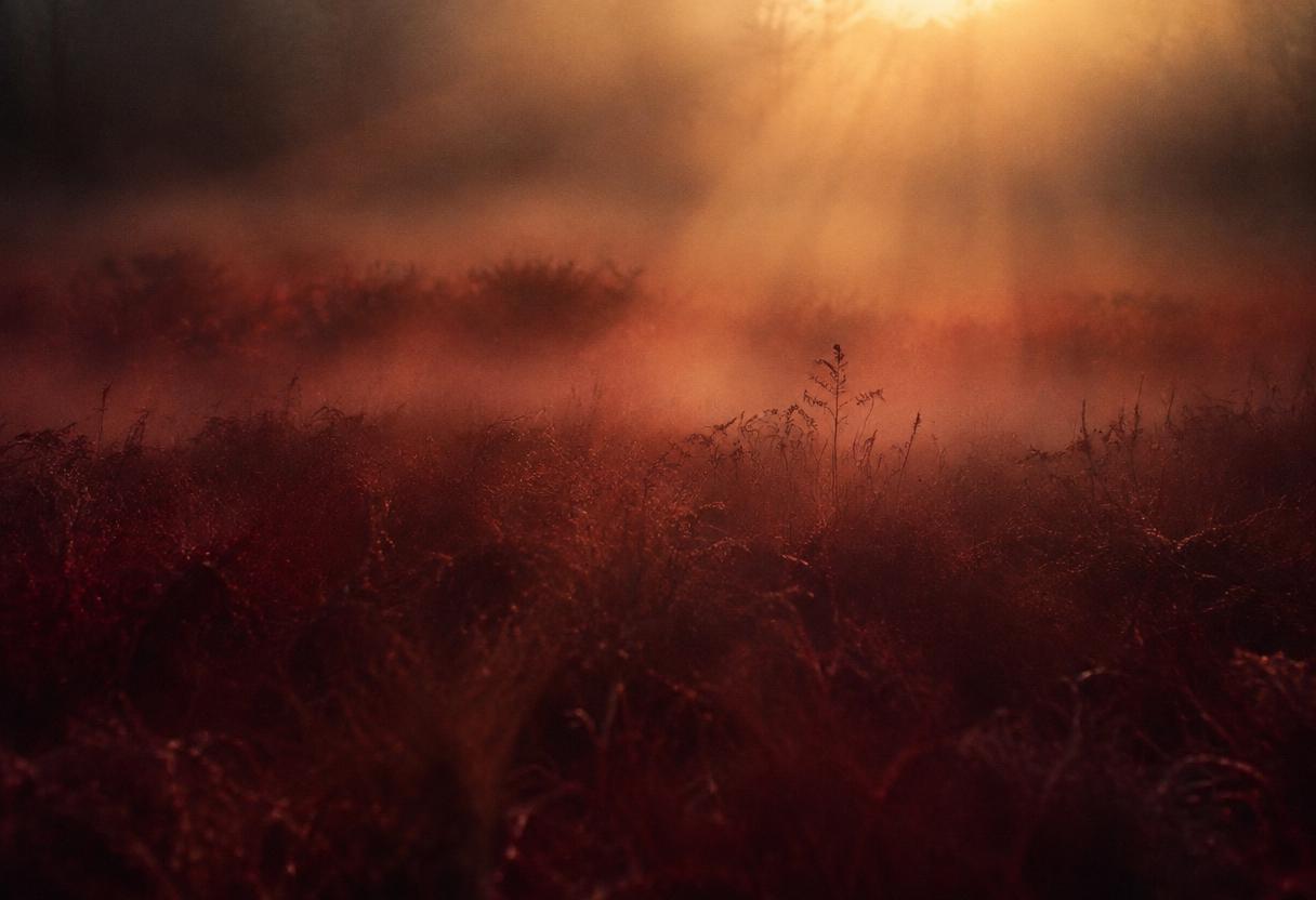 Morning mist lifting over pale grasses as sunlight breaks through