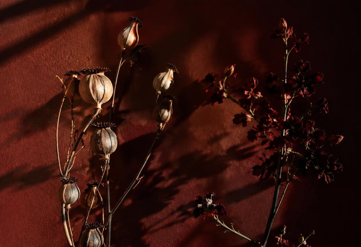 A row of dried seed pods casting rhythmic shadows in warm raking light
