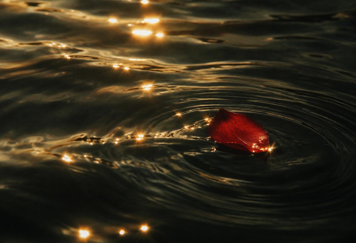 Still water in warm light with a single petal resting on the surface