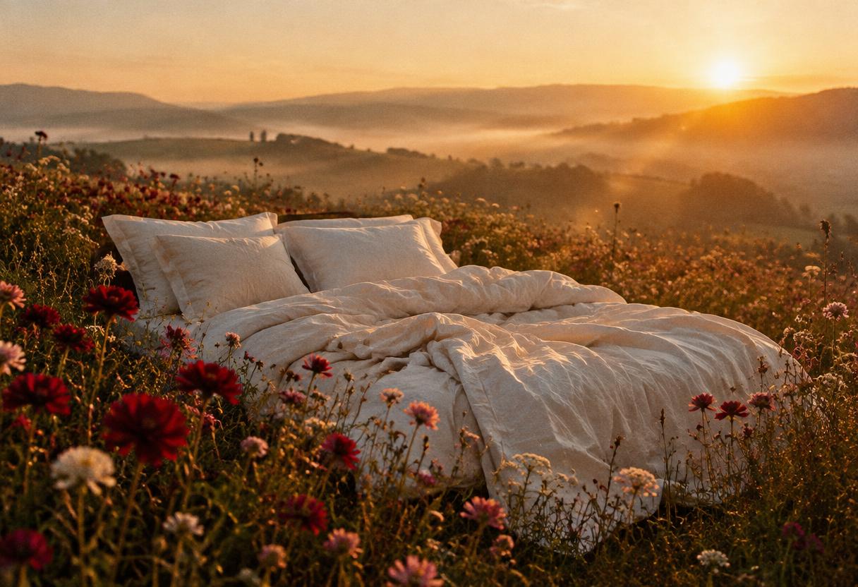 Soft cream linen sheets in quiet pre-dawn light with a single dried bloom