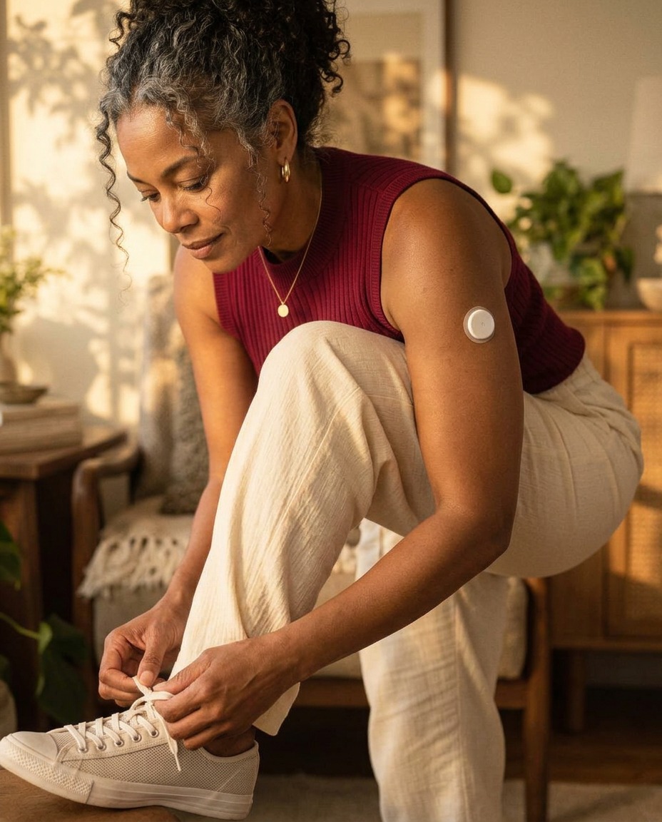 A woman in warm golden light wearing the femmli sensor on her upper arm